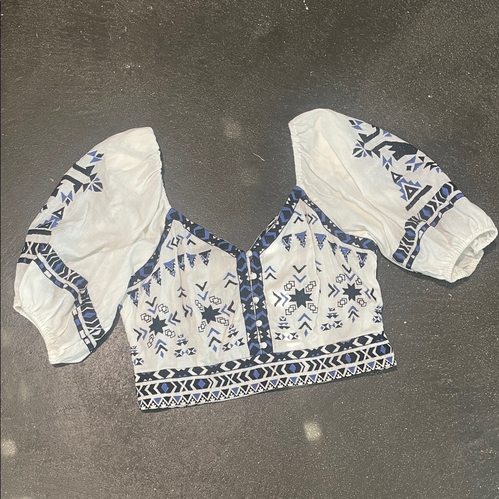 Anthropologie Embroidered White and Blue Women's Top